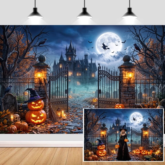 Halloween Backdrop, 5X3ft Spooky Haunted House Photography Background, Gothic Castle Graveyard Pumpkin Lantern Full Moon Night Scene, Vinyl Photo Backdrop for Halloween Party Decoration Studio Props