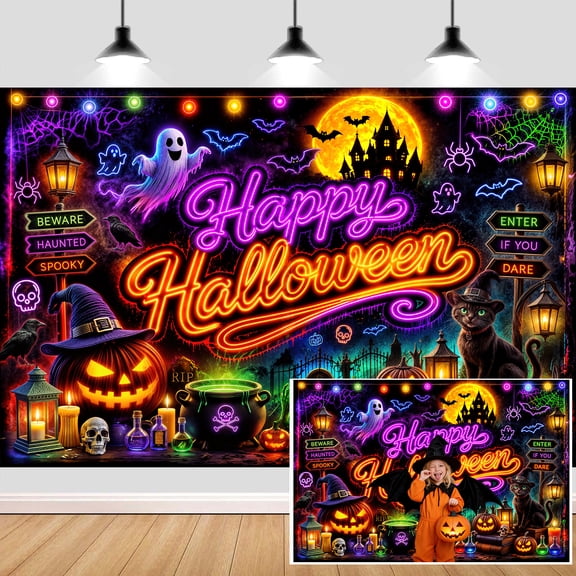 Halloween Backdrop Banner, 7X5ft Neon Happy Halloween Photography Background Pumpkin Ghost Witch Hat Black Cat Haunted House Party Decorations for Indoor Outdoor Photo Booth Props