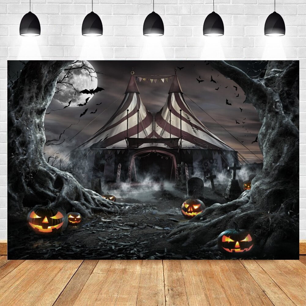 Halloween Backdrop Branches Scary Scene Castle Wall Night Moon ...