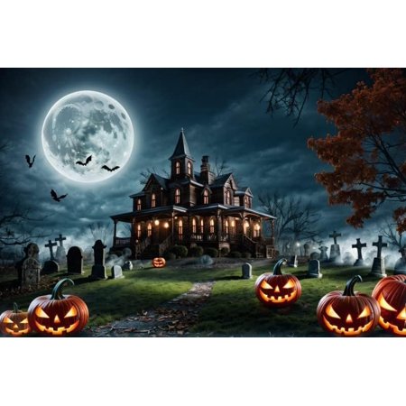 Halloween Backdrop Cemetery Haunted House Backdrop Scary Pumpkin Lamp Night Full Moon Photography Background Theme Party Banner Photo Studio Props