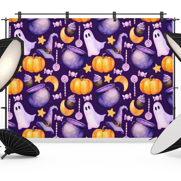 Halloween Backdrop for Photography,Fabric Photo Background Backdrop,Purple Orange Ghost Candy Stars Pumpkin Photo Booth Background for Portrait Photoshoot Video Wedding Studio Decoration Banner 7x5ft