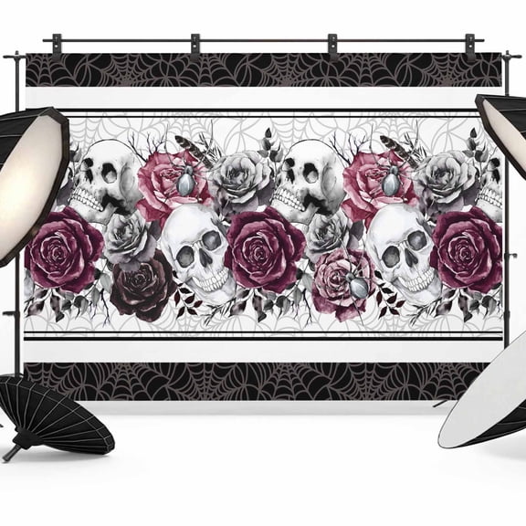 Halloween Backdrop for Photoshoot,Photography Photo Studio Background Wall Backdrop,Black Purple Skull Roses Horror Flower Back Drop Banner Panel for Portraits Wedding Live Streaming Decor 7x5Ft