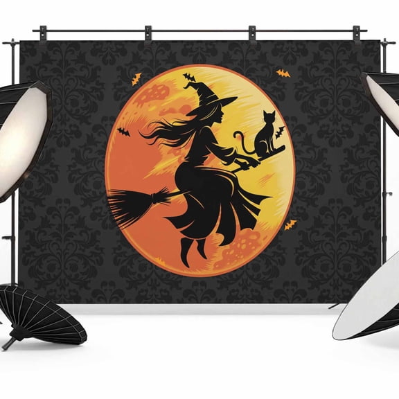 Halloween Backdrop for Photoshoot,Photography Photo Studio Background Wall Backdrop,Broom Riding Black Witch Cat Orange Fall Moon Back Drop Banner Panel for Portraits Wedding Live Streaming 10x8Ft