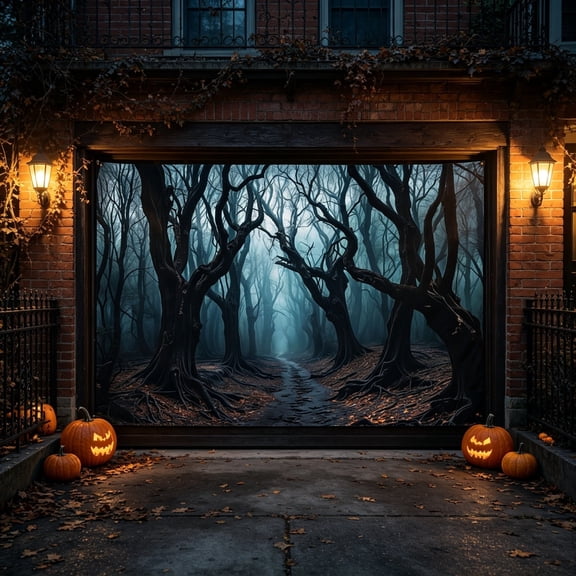 Halloween Backdrop Spooky Halloween Party Banner with Foggy Dark Forest Print Photography Background for Halloween Photo Booth Garage Door 118.11x94.48Inch