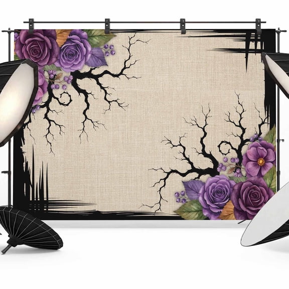 Halloween Backdrops for Photography, Dark Romantic Vintage Purple Rose Goth Tree Linen Texture Fabric Photo Background Sturdy Studio Props for Photo Studio, Video Recording, Booth & Photoshoot 7x5ft