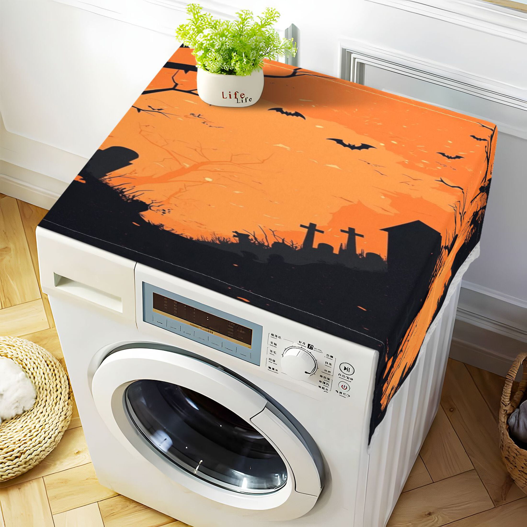Halloween Background PatternWasher and Dryer Covers Dust-Proof and Oil Resistant Fridge Cover with 4 Storage Pockets Washing Machine Top Cover for Laundry Kitchen Home 51.2 x 22 In
