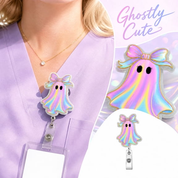 Halloween Badge Reel Colorful Ghost Bow Pumpkinkin Retractable ID Holder,Cute Acrylic Badge Clip with Bow Design Nurses Teachers Staff Office Workers Women Halloween Gifts A