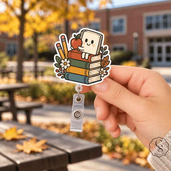 Halloween Badge Reel, Cute Autumn Book Stack Retractable ID Holder for Teachers and Readers