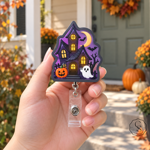 Halloween Badge Reel, Haunted House with Ghost and Pumpkin, Retractable ID Holder for Nurses and Teachers