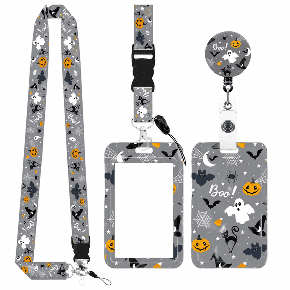 Halloween Badge Holder with Lanyard, Retractable ID Badge Reel, Sliding Vertical Card Holder, Cute Ghost Pumpkin Print ID Holder for Nurses, Teachers, Office Staff and Students