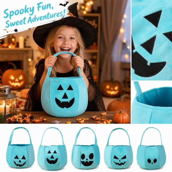 Halloween Bag, Teal Pumpkin, Trick Or Treat Bucket, Halloween Plush, Jack O Lantern Bucket, 10X8X6 in Plush Teal Halloween Pumpkin Pail with Handle for Candy Storage and Holiday