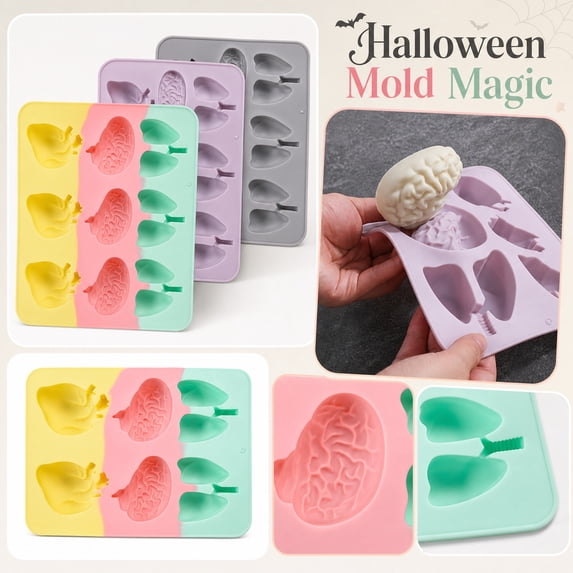 Halloween Baking Mold Brain Heart Shape Maker Cavity Nonstick Tray For Festive Soap Crafting Chocolate Melting Party Dessert Preparation , A