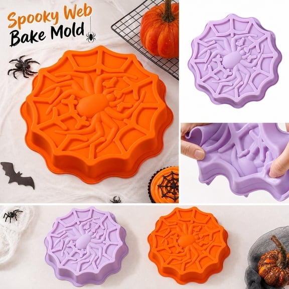Halloween Baking Supplies, Orange 9X9X2 Inch -Grade Silicone Baking Mold with 3D and Web Design, Suitable for Home Bakers, Halloween Party Hosts and Diy Craft Lovers, Use It to