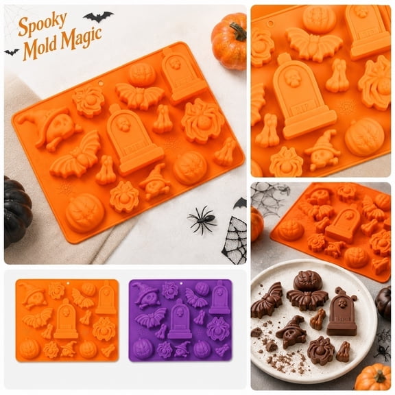 Halloween Baking Supplies, Purple Grade Silicone Halloween Bat Pumpkin Tombstone Shaped Mold, Home Bakers Halloween Party Hosts Spooky Treat Makers, for Making Chocolate Mousse