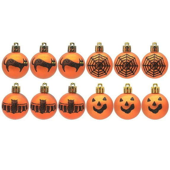 Halloween Ball Ornaments for Tree Halloween Tree Decorations Pumpkin Black Cat Spider Web Bat Ornaments Decor with Sequins for Holiday Decoration, 12 Pcs, 1.57x1.97"