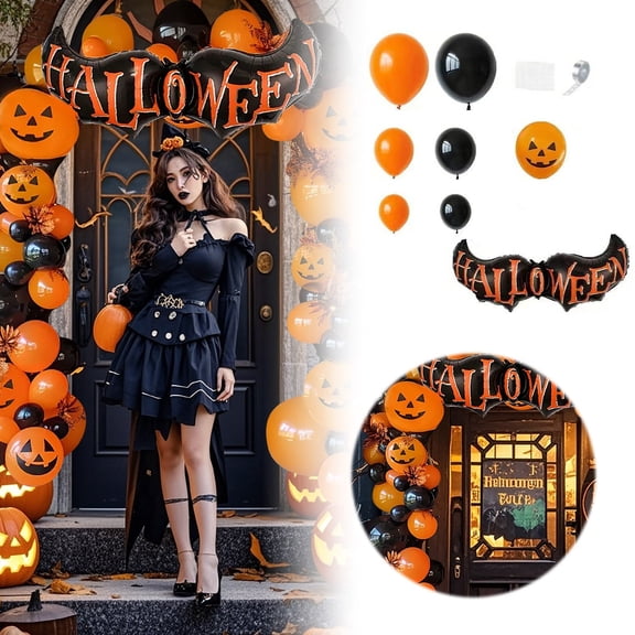Halloween Balloon Decoration Kit 82-Piece, Pumpkin Bat Theme, Latex Balloon Arch, with Decorating Tape, Party Classroom Scene Setup, Holiday Decor Prop