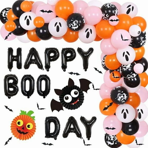 Halloween Balloon Garland Arch Kit Pink Happy Boo Day Banner Pumpkin Bat Paper Fan Bat Stickers for Girls Halloween Birthday Baby Shower Bachelorette Decorations Party Supplies