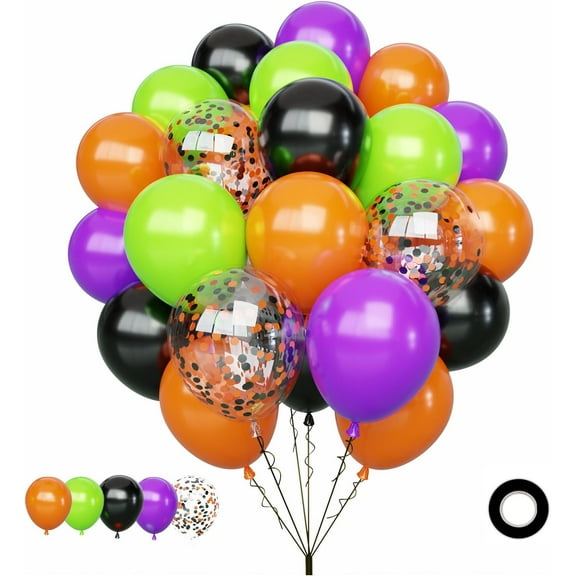 Halloween Balloons Set, 65Pcs 12Inch Black Orange Purple Green Balloons Kit, Black and Orange Latex Balloons for Birthday Wedding Halloween Party Decorations