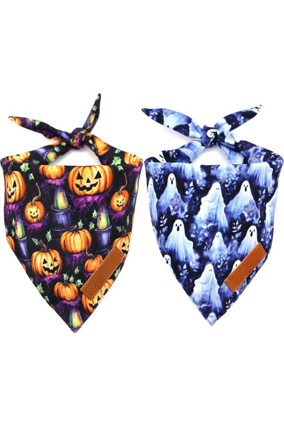 Halloween Bandanas 2 Pack, Pumpkins and Ghosts Pet Scarf for Boy and Girl, Durable Fabric, Holiday Bandana for Small and Medium Dogs Pets (Small)