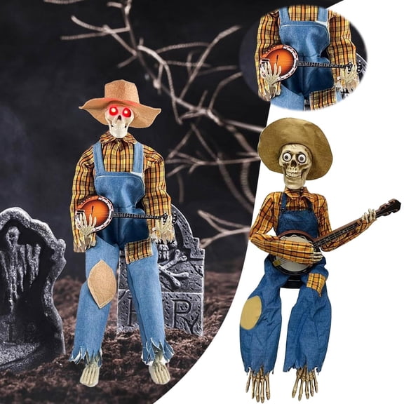 Halloween Banjo Playing Skeletons Decorations Indoor/Outdoor Halloween Party Decors Animated Skull with Light Up Eyes Animatronics Banjo Skeletons Decorations