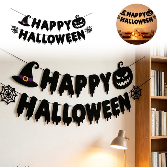 Halloween Banner 8.2 Ft HAPPY HALLOWEEN, Black Dripping Letters with Pumpkin String Flags, Spooky Party Garland for Haunted House, Trick-or-Treat, School, Office, and Indoor Outdoor Decor