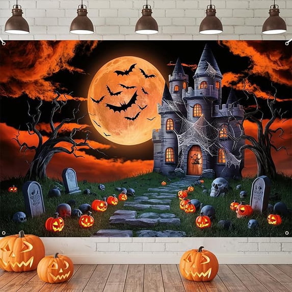 Halloween Banner Backdrop, Halloween Decorations Large Banner, Orange Jack-O-Lantern Pumpkin Theme Backdrop, Horrible Midnight Holiday Party Background for Indoor Outdoor Wall Decor, 45x70in, A