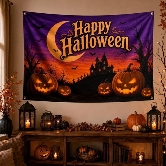 Halloween Banner Decorations 71in × 45in, Large Seasonal Outdoor Backdrop | Single-Sided Polyester with 4 Corner Grommets for Porch, Wall, Garage, Yard, Party and Haunted House Decor