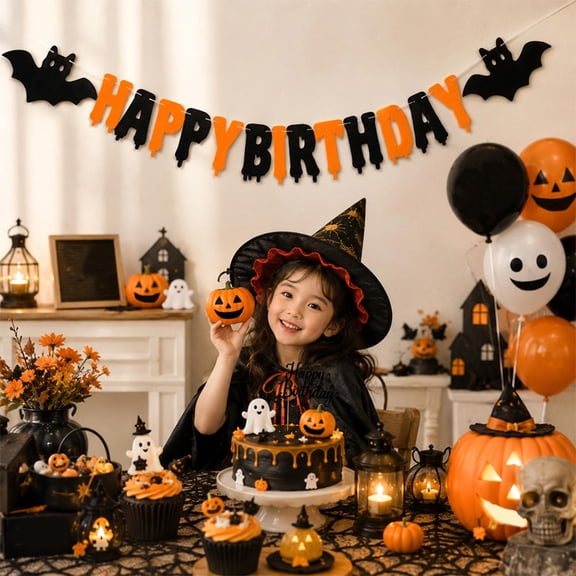 Halloween Banner Decorations for K'ids Birthday Party, Spooky Hanging String with Drip Letters and Winged Cutouts, Black Orange Non-Woven Fabric, 98.42 x 5.1 Inches, Indoor Holiday Party Supplies