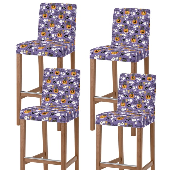 Halloween Bar Stool Cover Set of 4, Orange Pumpkin Funny Ghost Black Cat Purple Stretch Bar Chair Cover, Removable Washable Pub Counter Stool Chair Slipcover for Kitchen Dining Room Pub Cafe