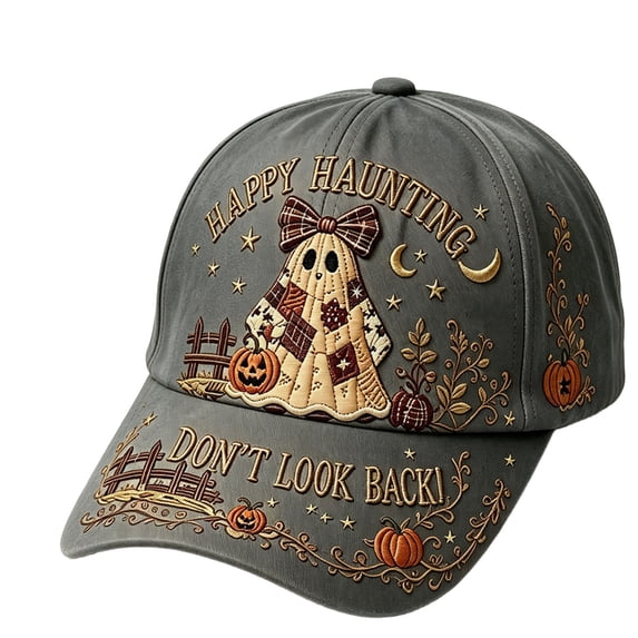 Halloween Baseball Cap, Spooky Hat, Adjustable Vintage Trucker Hat, Cute Ghost Pumpkin Embroidered Cap, Unisex Horror Season Party Costume Accessory, Retro Washed Cotton Ball Cap (A)