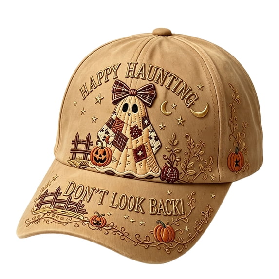 Halloween Baseball Cap, Spooky Hat, Adjustable Vintage Trucker Hat, Cute Ghost Pumpkin Embroidered Cap, Unisex Horror Season Party Costume Accessory, Retro Washed Cotton Ball Cap (C)
