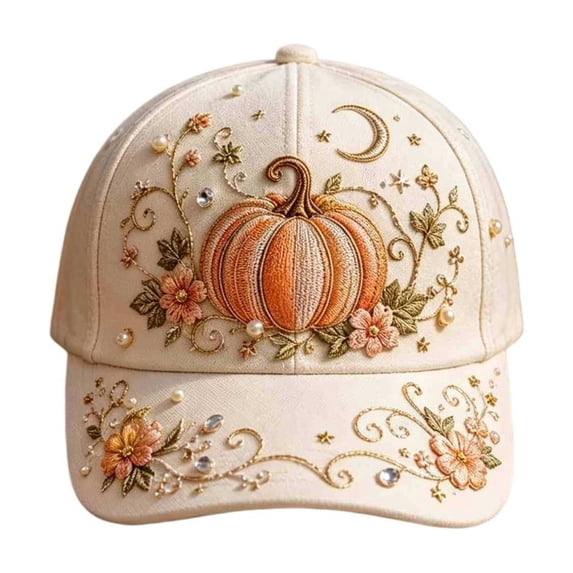 Halloween Baseball Cap,Vintage Crescent Moon Pumpkin Floral Embroidery Hat for Theme Party Office Daily Commute Travel