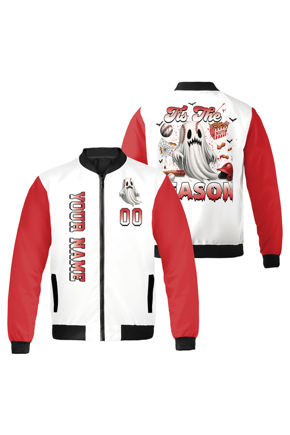 Halloween Baseball Ghost Bomber Jacket – Personalized Team Name & Number – ’Tis The Season Theme – Unisex Custom Outerwear