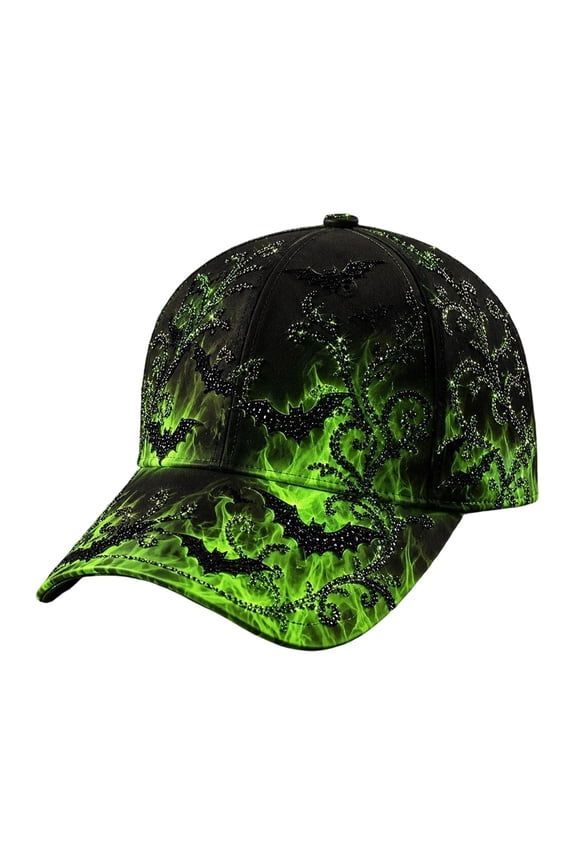 Halloween Baseball Hat, Spooky Green Fire Bat Gothic Bling Curved Hat with Adjustable Snapback, Trucker Hats Caps for Women Men, Green