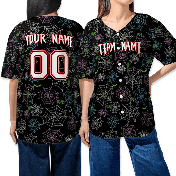 Halloween Baseball Jersey – Custom Team Name & Number – Spider Web & Bat Pattern – Unisex Button-Up Shirt – Personalized Costume Top