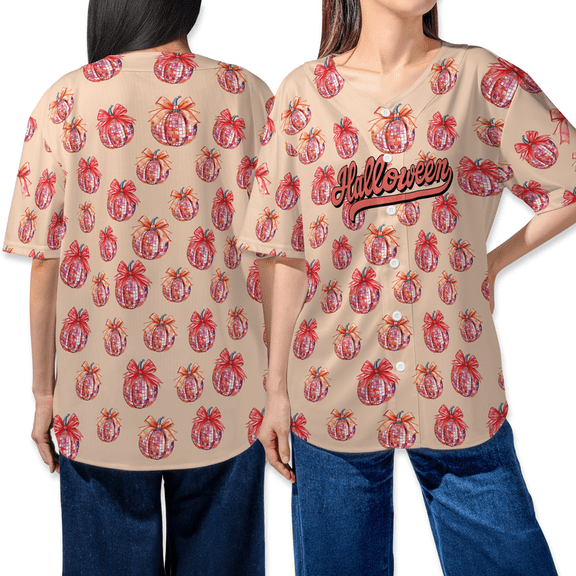 Halloween Baseball Jersey for Men Women - Cute Pink Pumpkin Shirt - Unisex Button Down Fall Costume Outfit