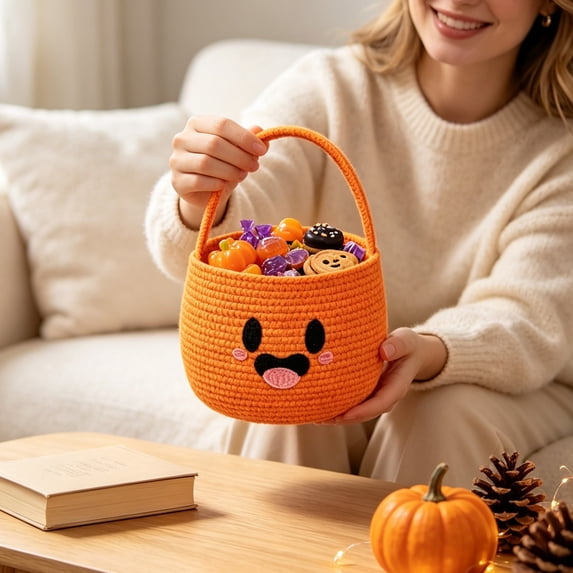 Halloween Basket 9.05x7.87 Inch Cute Ghost Candy Bucket Non-Woven Fabric Trick or Treat Basket with Handle for Kids Party Favors