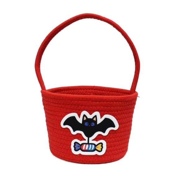 Halloween Basket with Handle Cute Bucket Cotton Rope Woven Candy Server Bag ,Cute Trick or Treat Boo Basket Pumpkin Storage Basket for Halloween Party,Red