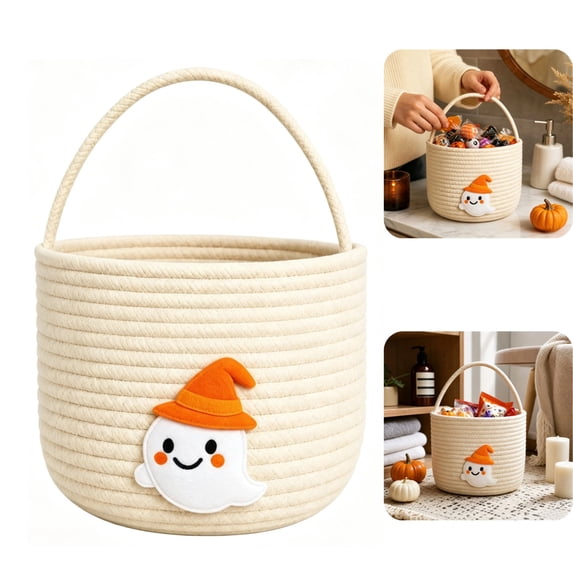 Halloween Basket with Handle, Halloween Trick or Treat Basket Cotton Rope Woven Candy Bucket Bag Cute Ghost Boo Baskets for Halloween Party Favor Gift Storage Teens Adults,D