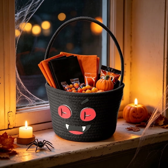 Halloween Basket for Kids, Halloween Boo Basket, Woven Cotton Rope Pumpkin Candy Basket, Cute Trick or Treat Bucket with Handle, Small Boo Spooky Bins , Halloween Decoration Gift Bin Empty