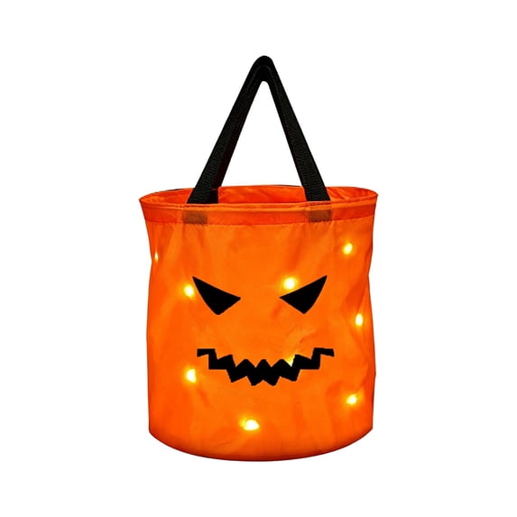 Halloween Basket LED Light Up Pumpkin and Skull Candy Bag, Glow in The Dark Canvas Tote, Reinforced Handle for Night Safety and Party Favors by OVFUIZ