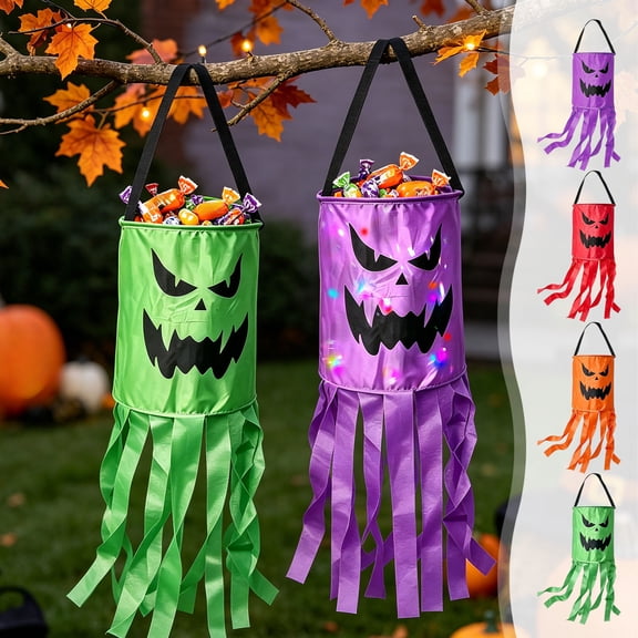 Halloween Basket LED Light Up Pumpkin Candy Bucket with Colorful Streamers & Handle, Glow in The Dark Reusable Tote for Hanging or Carrying by OVFUIZ