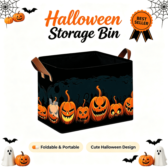 Halloween Basket Large Capacity Storage Bin with Handle Orange Waterproof Foldable for Home Toys Clothes Trick or Treat Halloween Decor Container Organizer Box by MPOISVA