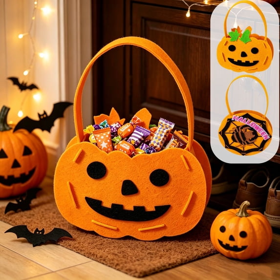 Halloween Basket Lightweight Felt Pumpkin Handheld Tote, Web and Leaf Pattern Candy Bag with Curved Handle for Party Favors and Holiday Decor by OVFUIZ