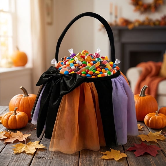 Halloween Basket Mesh Candy Bag 7.9x7.5x7.9in with Bow for Trick or Treat Party Spooky Props Storage Decor by OVFUIZ