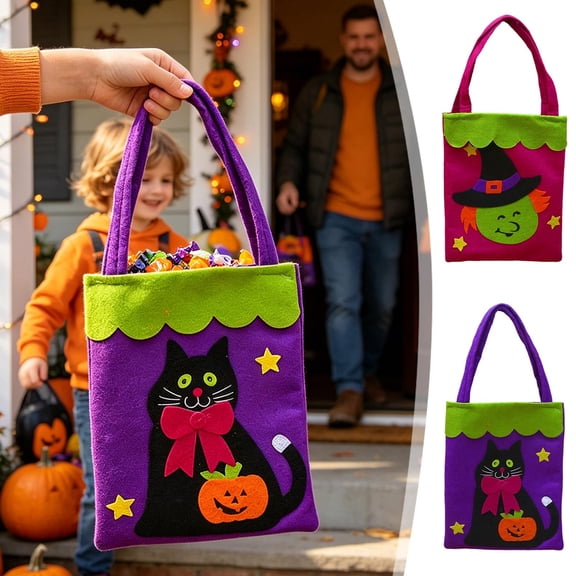Halloween Basket Non-Woven Witch Print Candy Tote, Lightweight Reusable Goodie Bag, Sturdy Handle for Halloween Party Favors and Treat Storage by OVFUIZ