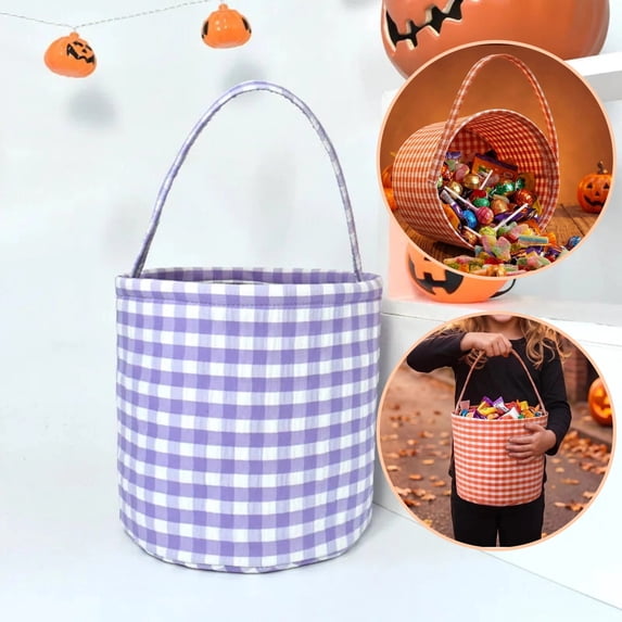 Halloween Basket, Trick or Treat Basket, Cute Plaid Candy Bucket, Small Baskets Barrel, Jack O Lantern Bags