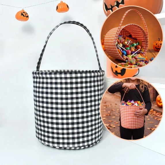 Halloween Basket, Trick or Treat Basket, Cute Plaid Candy Bucket, Small Baskets Barrel, Jack O Lantern Bags