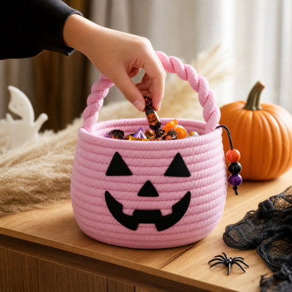 Halloween Baskets for Kids, Pumpkin Trick or Treat Buckets Cotton Rope Halloween Baskets with Handle,Cute Jack O Lantern Tote Bag for Halloween Party Decor,Pink