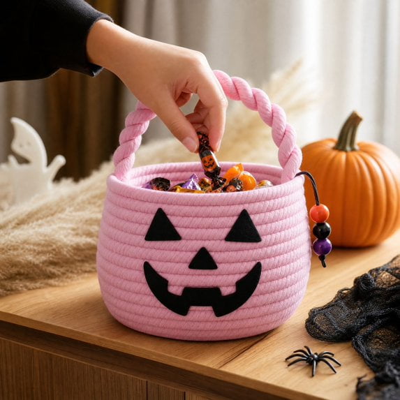Halloween Baskets for Kids, Pumpkin Trick or Treat Buckets Cotton Rope Halloween Baskets with Handle,Cute Jack O Lantern Tote Bag for Halloween Party Decor,Pink